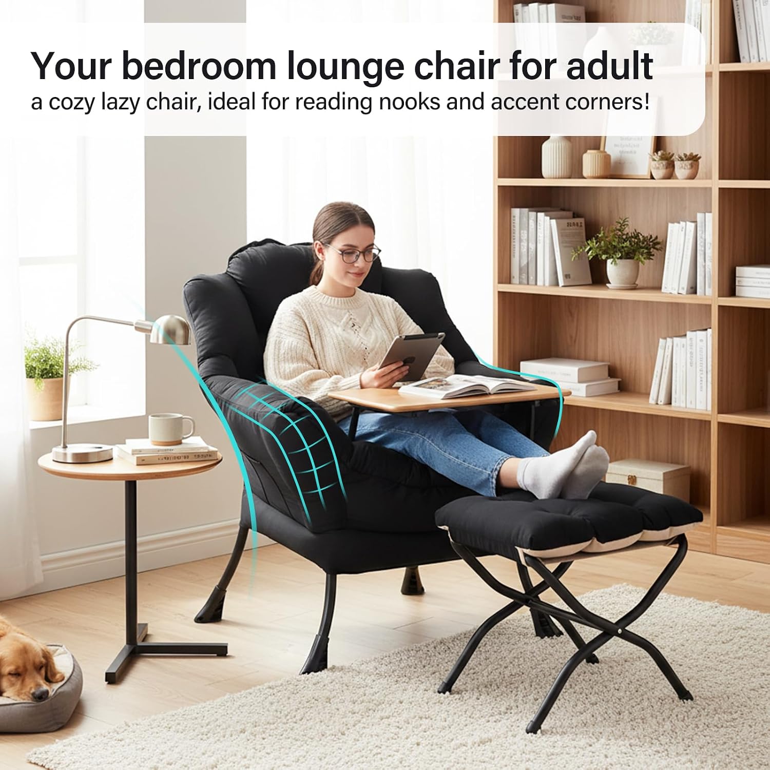 Lazy Chair with Ottoman, Modern Accent Chair with Lumbar Pillow, Velvet Black Sofa, Armchairs with Folding Footrest, Oversized Supportive Chairs for Bedroom, Reading