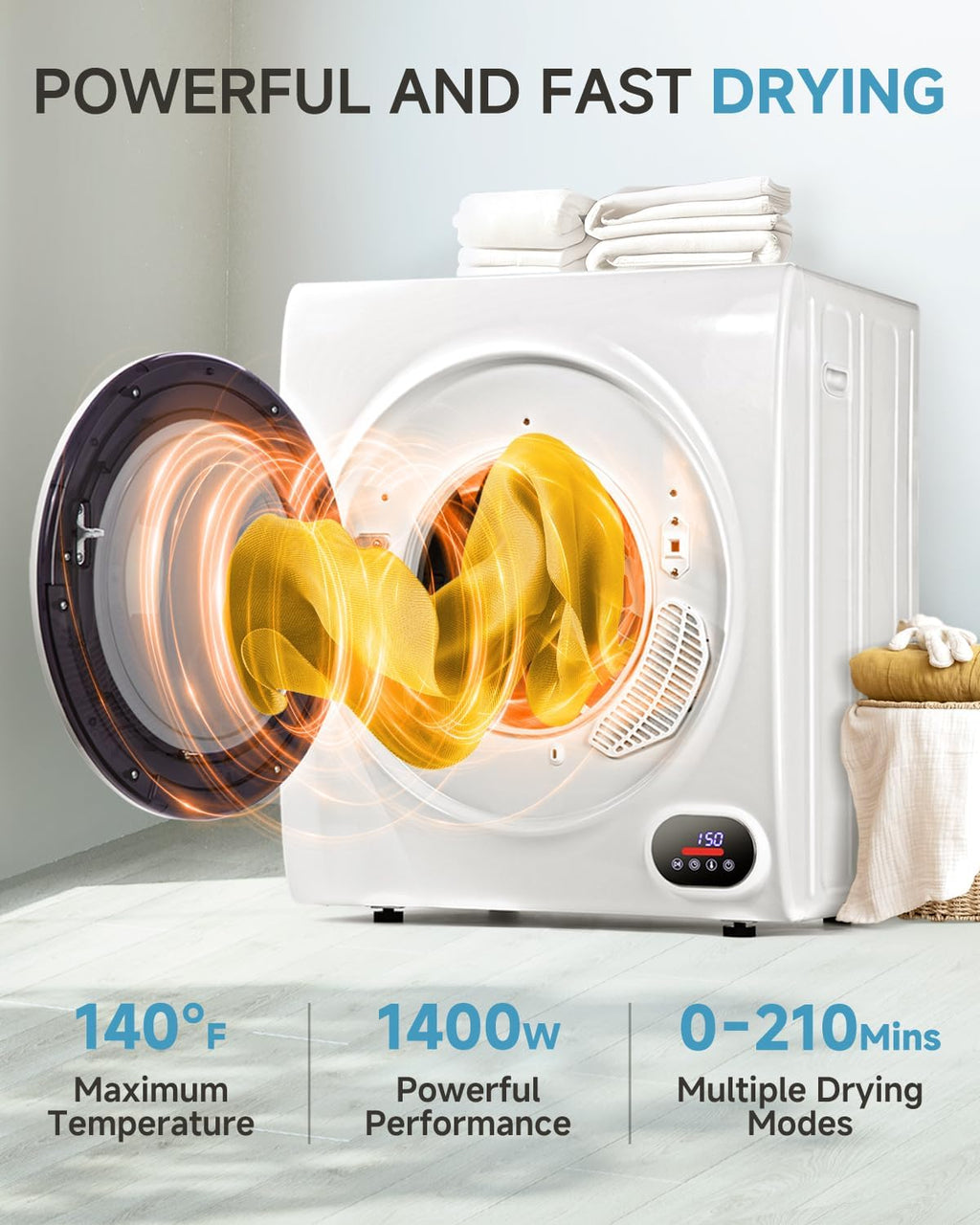 Feelfunn 3.5 Cu.Ft Portable Clothes Dryer - 1500W Clothes Dryer with Stainless Steel Tub, Front Load Tumble, LCD Touch Panel - Compact Drying Unit for Laundry, Apartments, Dorms