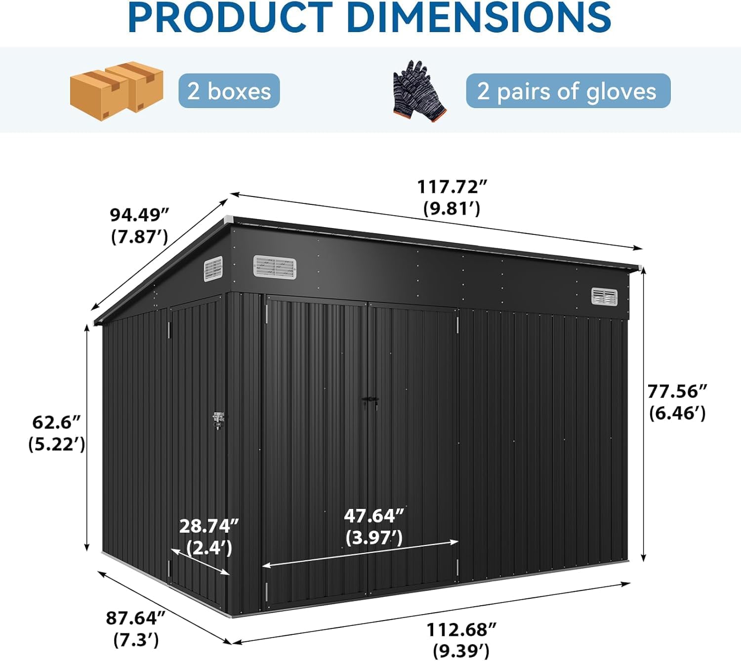 354 cu.ft Shed 9.5x7.4 Ft Premium Galvanized Steel Storage Sheds with Triple Doors Weatherproof Outdoor Utility Sheds, Dual Lock Lean to Shed for Mower, Bike, Generator, Garden Tools (Black)