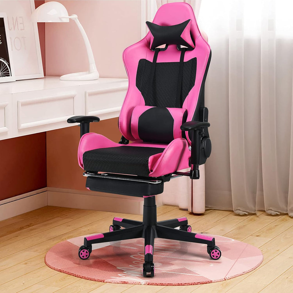 POWERSTONE Gaming Chair - Pink Gamer Chair with Footrest Racing Esports Computer Chair Massage Lumbar Support Leather Recliner