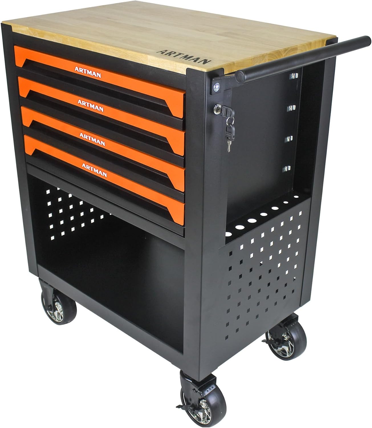 Rolling Tool Cart with 4-Drawer Wood Top Utility Tool Chest on Wheels Mechanic Tool Storage Organizer Cabinet for Garage, Warehouse, Workshop, Repair Shop (Orange)