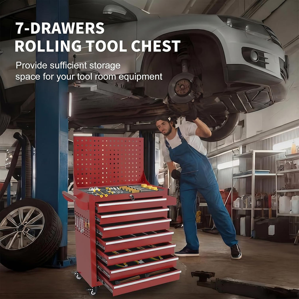 Rolling Tool Chest with Wheels, 7 Drawers Tool Storage Cabinet, Portable Metal Tool Box Organizer with Lock, Tool Cart on Wheels Toolbox Workbench for Garage, Workshop, Warehouse(Required Assembly)