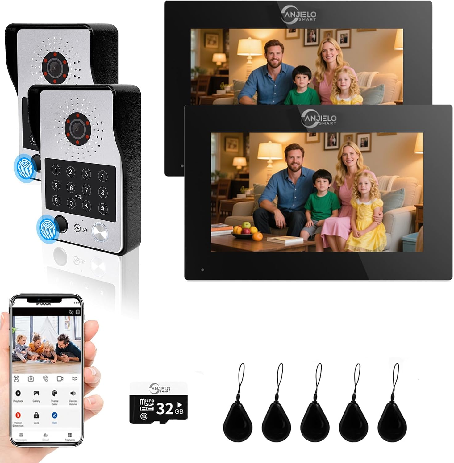 7-Inch Smart Video Intercom System,1080P HD Wired Doorbell with Touchscreen Monitor,Fingerprint, RFID & PIN Unlock,Tuya Smart App Control,Ideal for Homes, Villas & Apartments (2 doorbell + 2 Monitor)