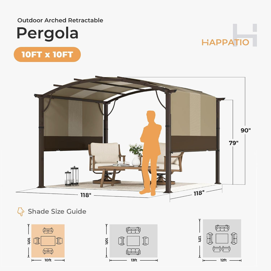 HAPPATIO 10' x10' Outdoor Retractable Pergola, Aluminum Pergola with Canopy Fixed in Various Positions, Arched Roof with Sun Shade Canopy, Metal Frame for Backyards, Gardens, Patios (Brown)