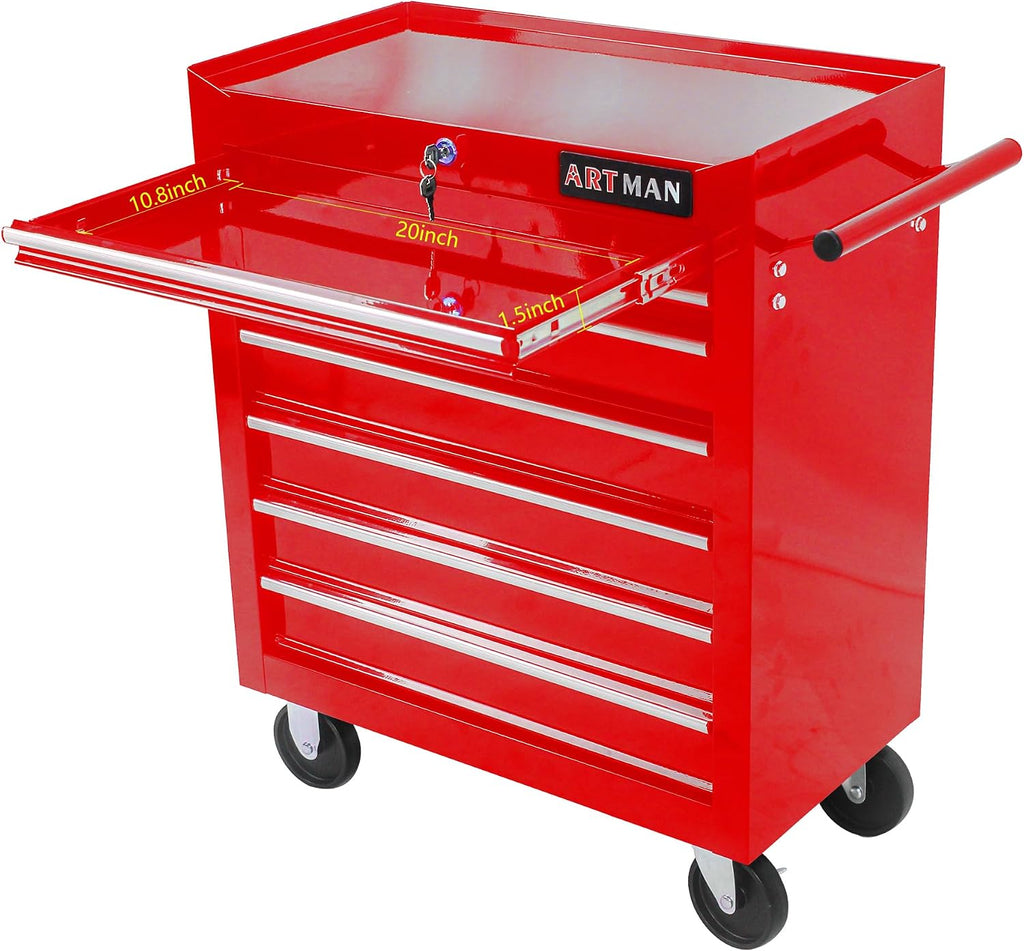 7-Drawers Multifunctional Tool Boxes on Wheels, Lockable 4' Casters Tool Cart Cabinet, Powder-coated Steel Rolling Tool Chest with Key for Garage, Warehouse, Repair Shop, 231LBS Capacity - Red