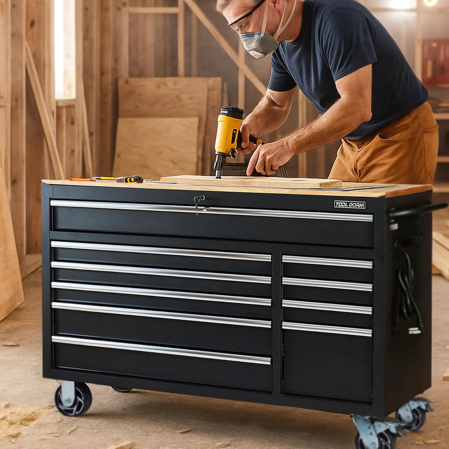 Tool Chest Cabinet, Large Capacity Metal Tool Box with Wheels and Cylinder Locking, Roll Around Storage Organizer Tool Cart for Garage, Redtool cabinets on Wheels (Black, 6-Drawer)