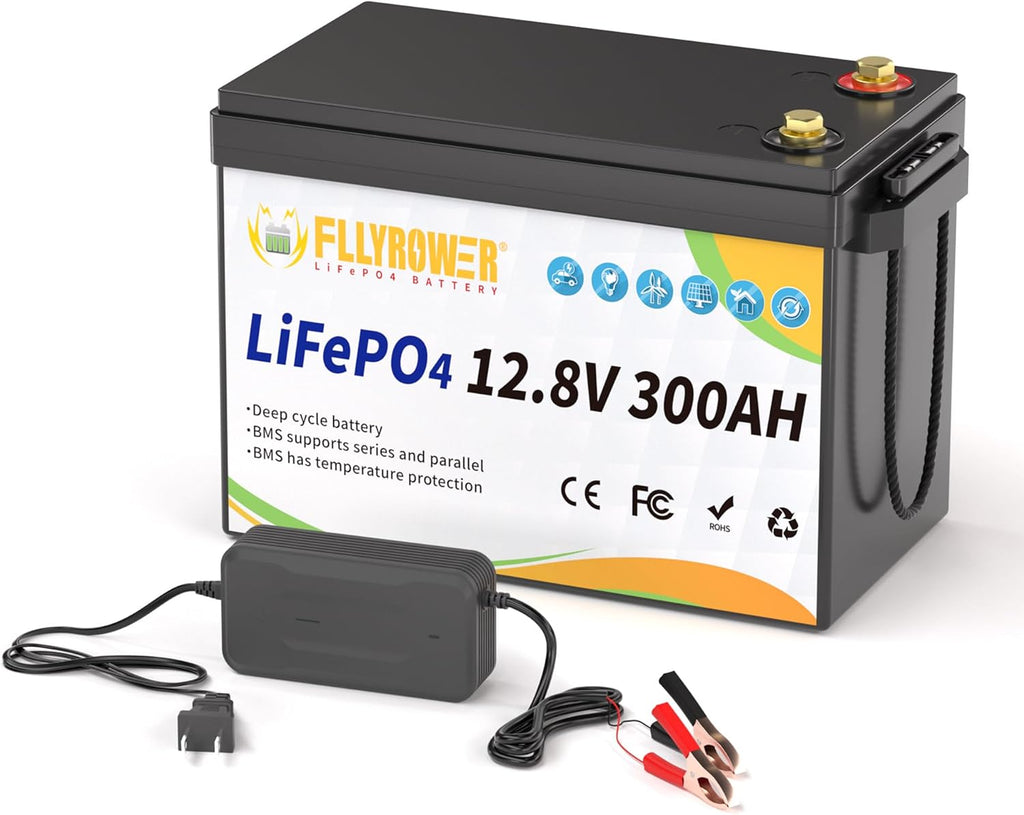 FLLYROWER 12V Lithium Battery 300AH With BMS and 16500 Deep Cycles 12V 300AH Lifepo4 Battery Grade A Cells for Marine Trolling Motor RV camping Solar Golf Cart Off-Grid