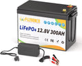 FLLYROWER 12V Lithium Battery 300AH With BMS and 16500 Deep Cycles 12V 300AH Lifepo4 Battery Grade A Cells for Marine Trolling Motor RV camping Solar Golf Cart Off-Grid