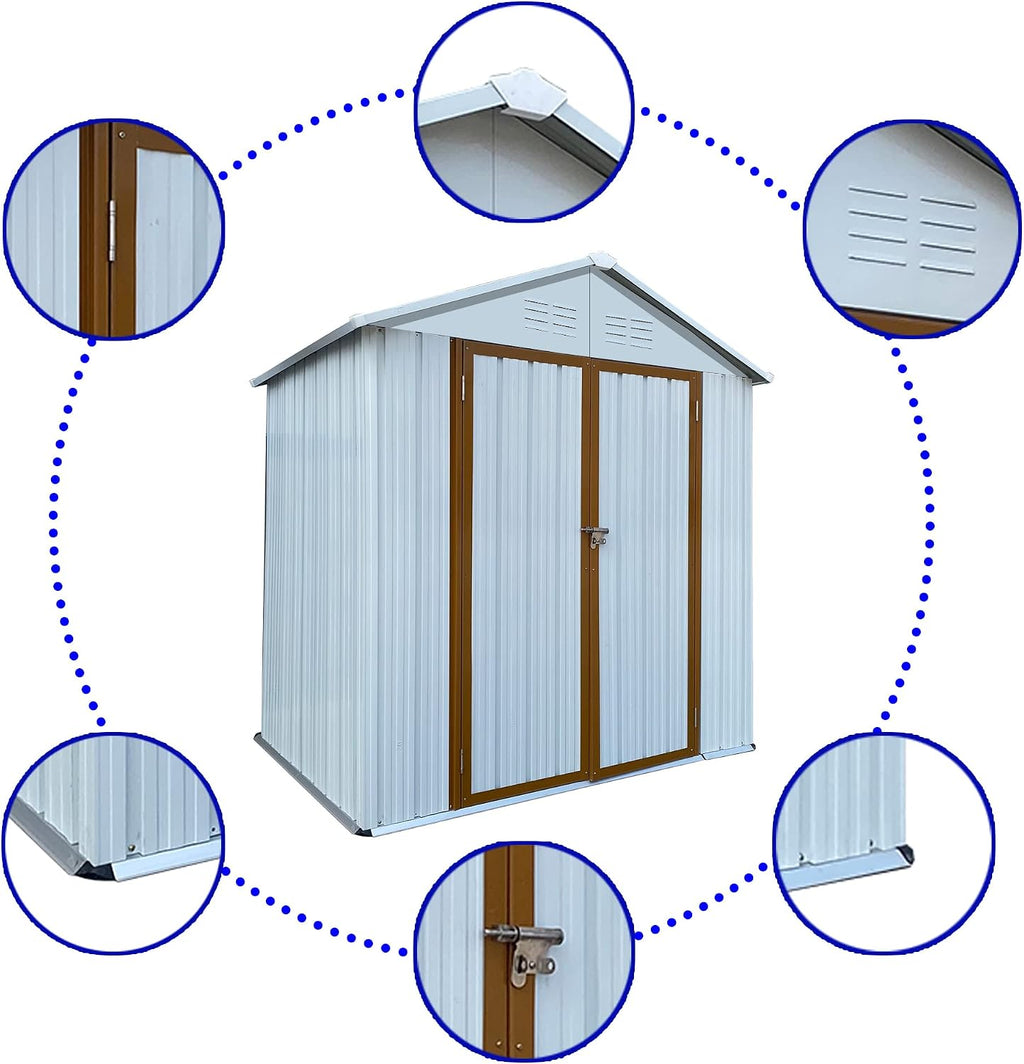 4x6 FT Outdoor Metal Storage Sheds with Apex Roof,Single-Storey Waterproof Roofed Structure Garden Shed w/Lockable Doors,for Lawn Equipment Tool Sundries,White+Yellow