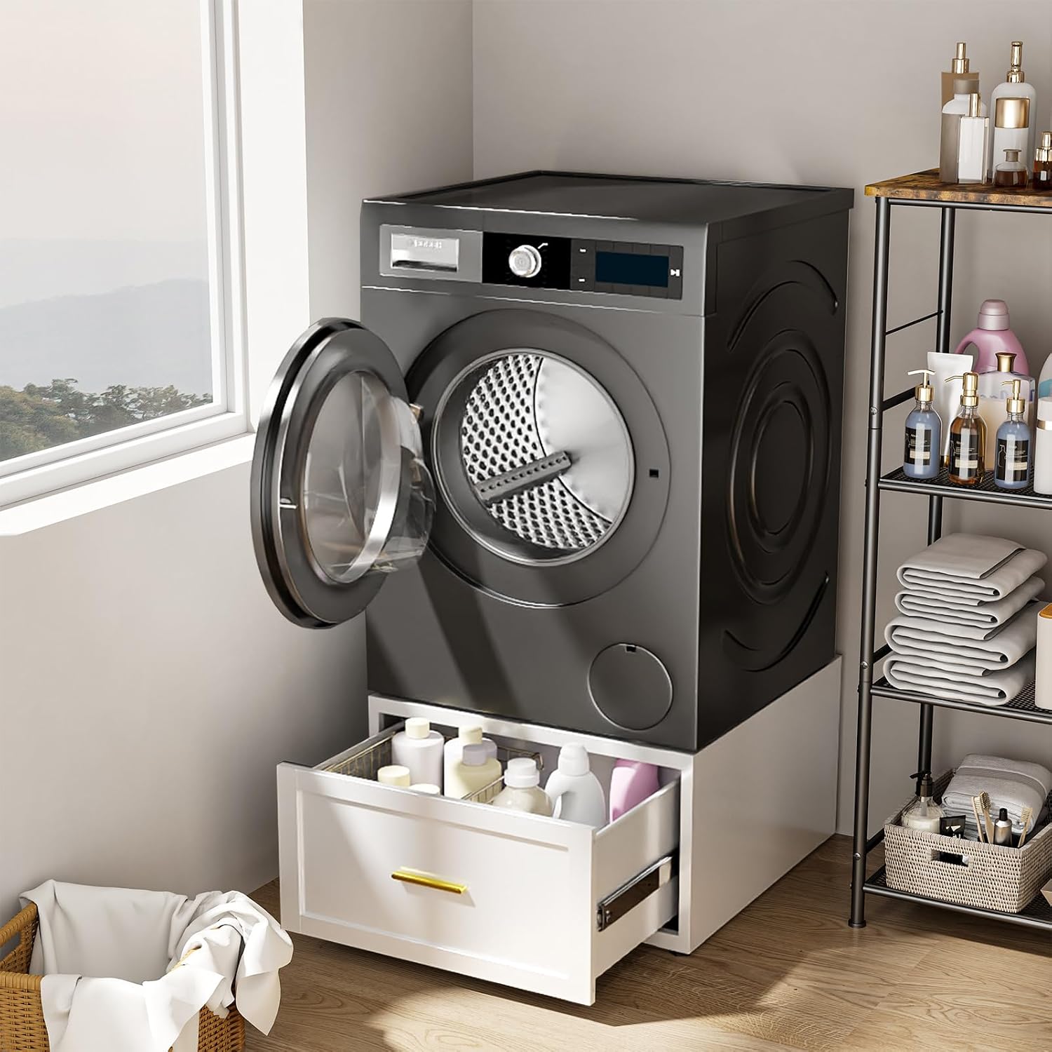 Washer and Dryer Pedestal,28''W Heavy Duty Metal Washer Dryer Pedestal,Universal Laundry Pedestal for Washer and Dryer,Washer and Dryer Stand with Drawer and Base Storage,440 LBS Capacity,Black