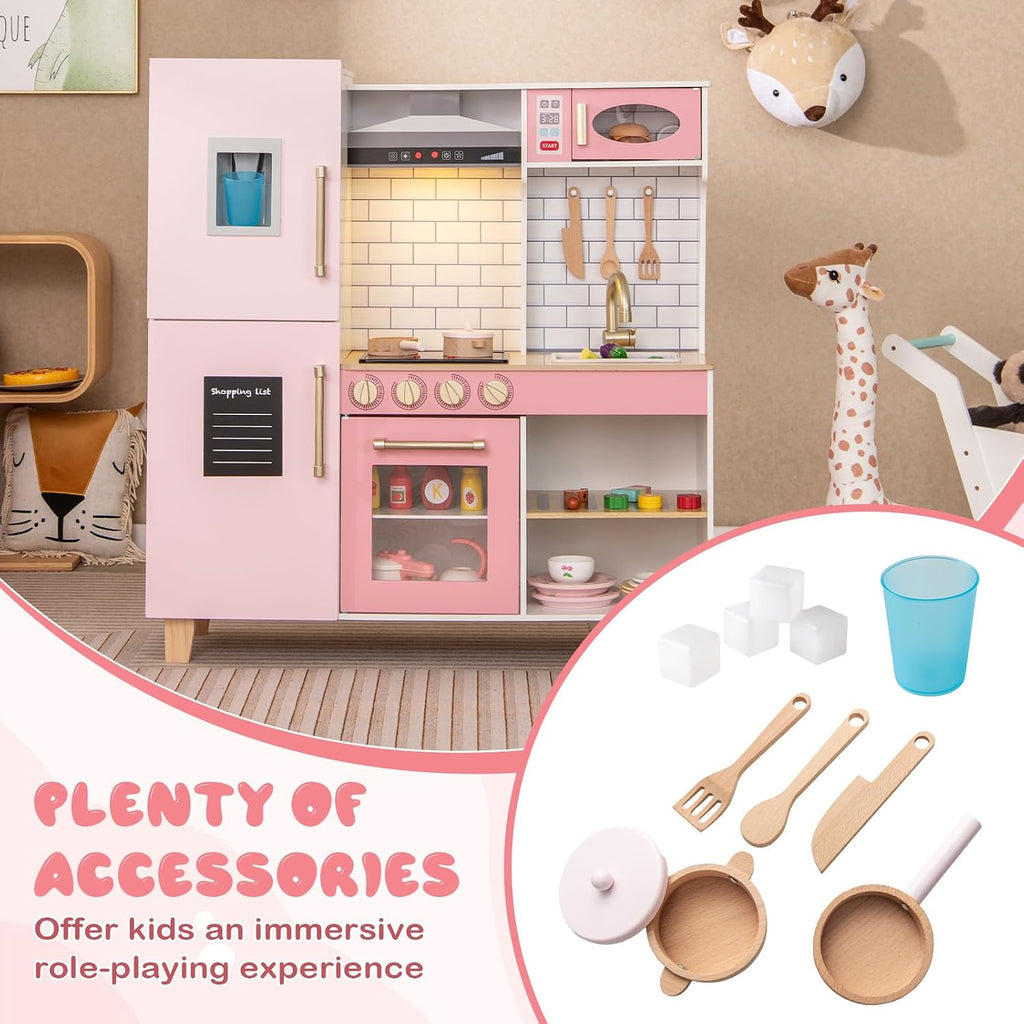 Costzon Kids Kitchen Playset, Wooden Pretend Play Kitchen with BBQ Grill, Ice Maker, Range Hood, Blackboard & Cooking Accessories, Toy Kitchen Set with Lights & Sounds, Gift for Toddlers Ages 3+