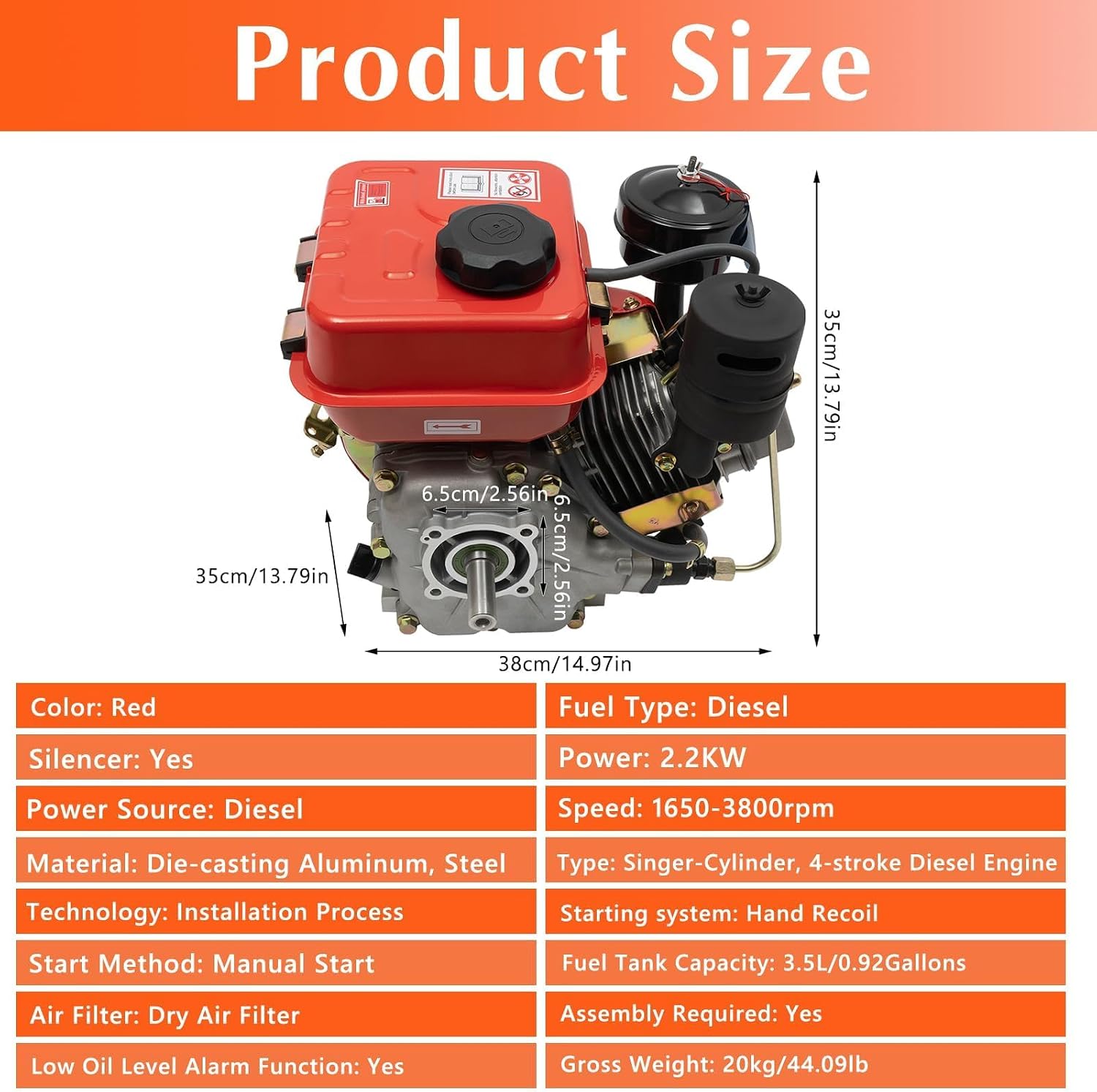 Diesel Engine, 196Cc 4-Stroke Single-Cylinder Diesel Engine, 3HP Engine with Air-Cooled Recoil Starter Systemdiesel Engine for Go-Karts, Lawnmowers, Generators, Log Cutters