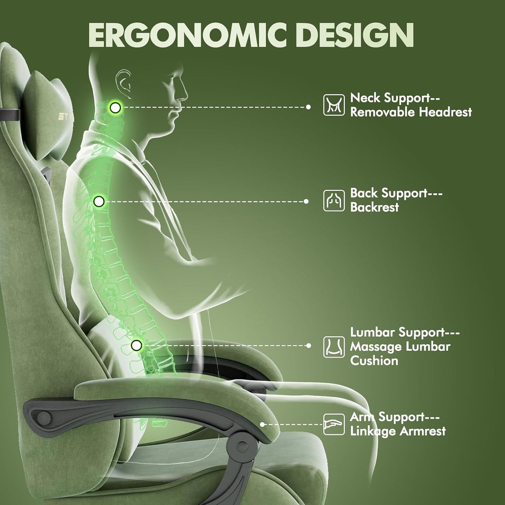 Soontrans Ergonomic Velvet Fabric Gaming Chair with Footrest, Comfortable Video Gamer Chair for Adult, Reclining Office Computer Desk Game Chairs with Massage Lumbar Cushion,Headrest