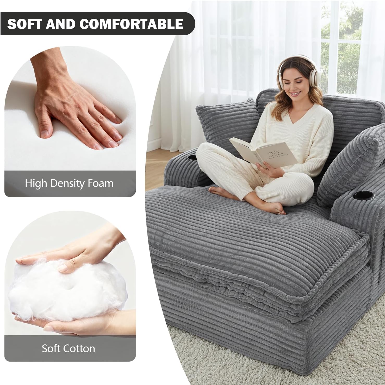 67' Oversized Chaise Lounge Chair Indoor, Soft Boneless Cloud Couch with 3 Pillows, 4 Side Pockets and 2 Cup Holders, Comfy Corduroy Sleeper Couch for Living Room Bedroom