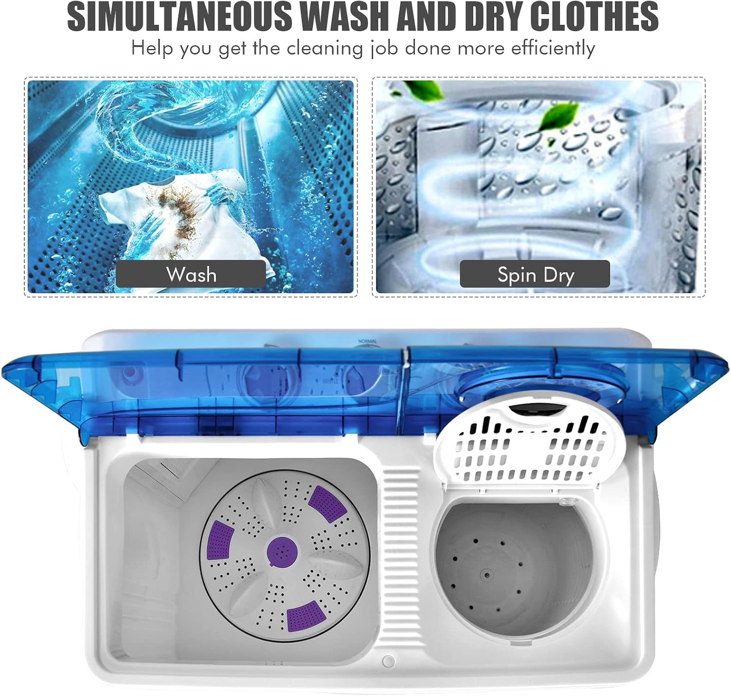 COSTWAY Portable Washing Machine, 2-in-1 Twin Tub 26lbs Capacity Laundry Washer(18lbs) and Spinner(8lbs) with Control Knobs, Timer Function, Drain Pump, Perfect for Home Apartment RV, Blue