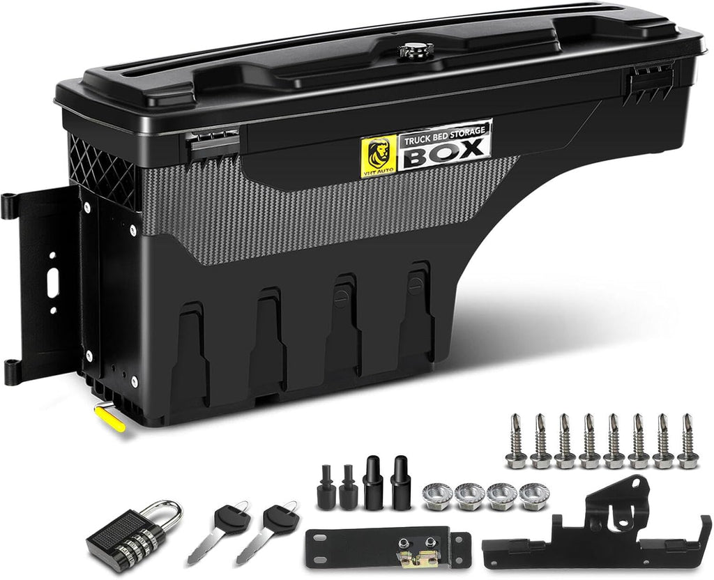YHTAUTO Driver Side Truck Bed Storage Tool Box Lockable Compatible with 2005-2023 Toyota Tacoma, 2019-2023 with Storage Box, Swing Waterproof Wheel Well Toolbox