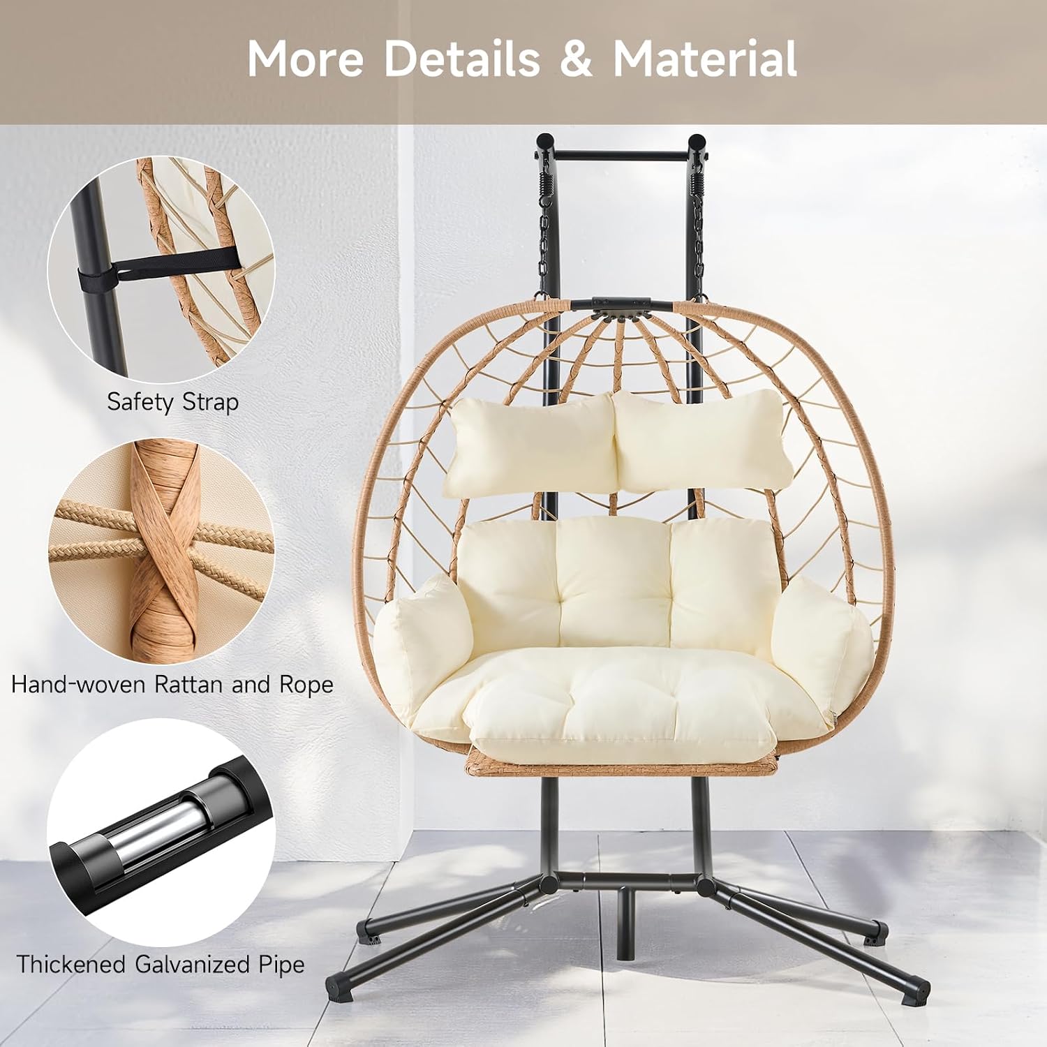 ONBRILL Double Egg Chair with Adjustable Footrest & Stand, Rattan Hammock Swing Loveseat with Cushions & Headrests, 650LBS Capacity Hanging Chairs for Outdoor & Indoor Patio, Deck, Bedroom (YE-BE)