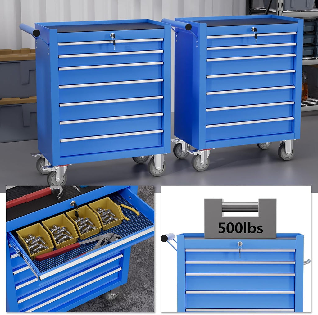 7-Drawer Tool Chest,Rolling Tool Cart with Wheels,High Capacity Tool Cabinet with Locking System for Garage, Warehouse, Workshop-Blue