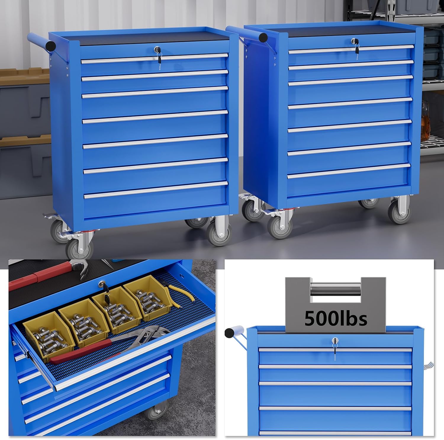 7-Drawer Tool Chest,Rolling Tool Cart with Wheels,High Capacity Tool Cabinet with Locking System for Garage, Warehouse, Workshop-Blue