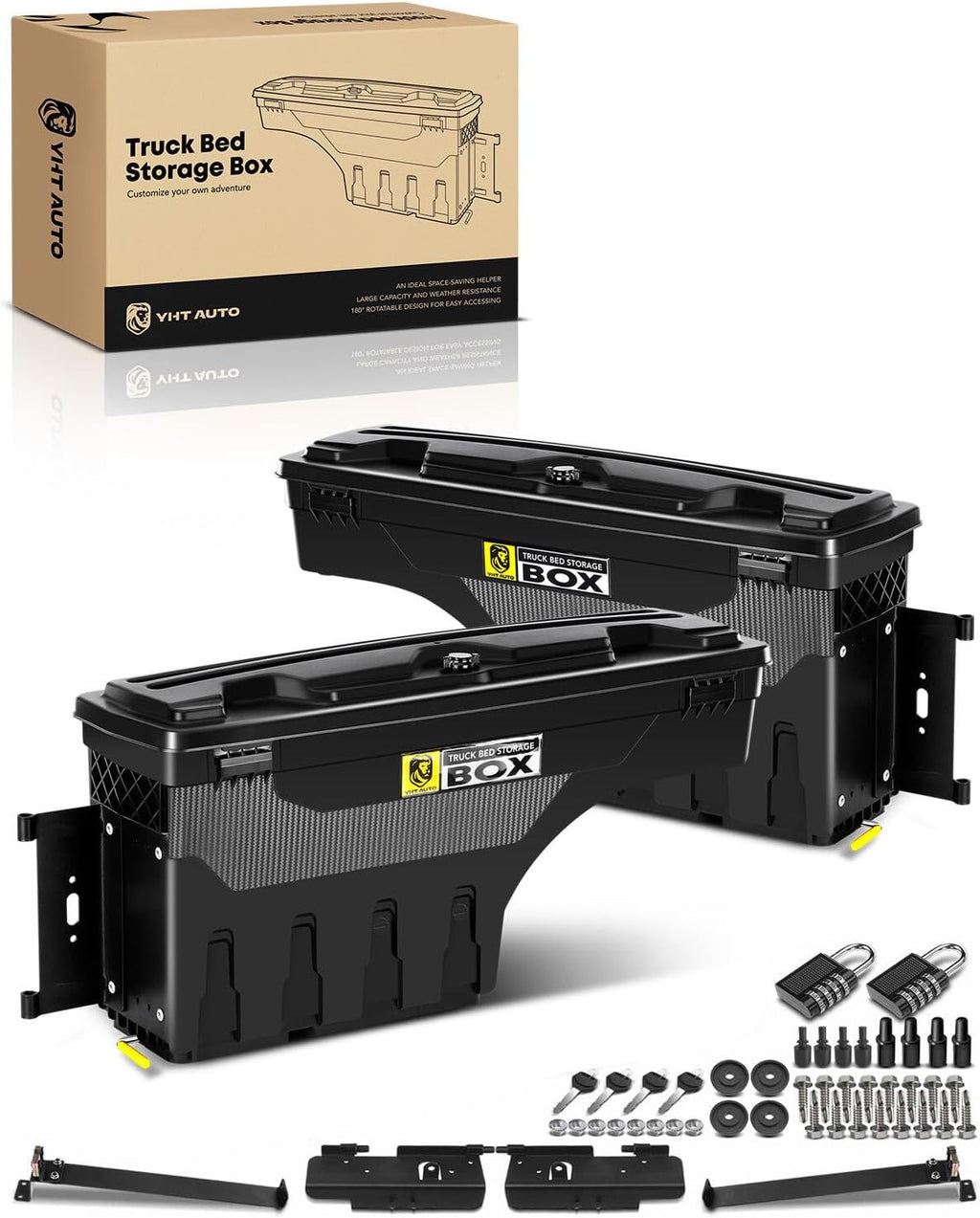 YHTAUTO Set of 2 Truck Bed Storage Tool Box Lockable Compatible with 2015-2026 Ford F-150, Without Bed Rail Storage, Swing Waterproof Wheel Well Toolbox