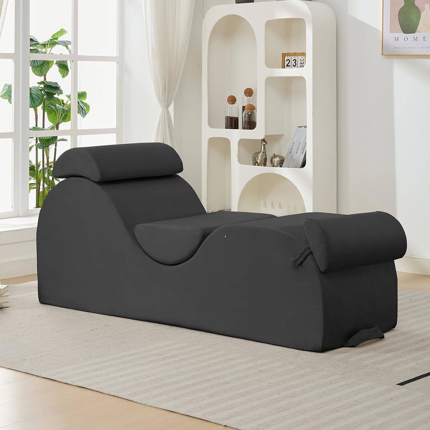 ijuicy 25 Inch Yoga Stretch Chair, Velvet Household Fitness Training Chair, Indoor Relaxation Recliner with Headrest & Adjustable Footrest, Dark Grey