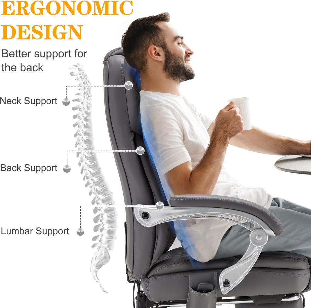 HOMREST 6-Point Massage Office Chair with Heat, Executive Office Chair with Footrest, Leather Computer Desk Chair with 135°Reclining Backrest for Home Office, Grey