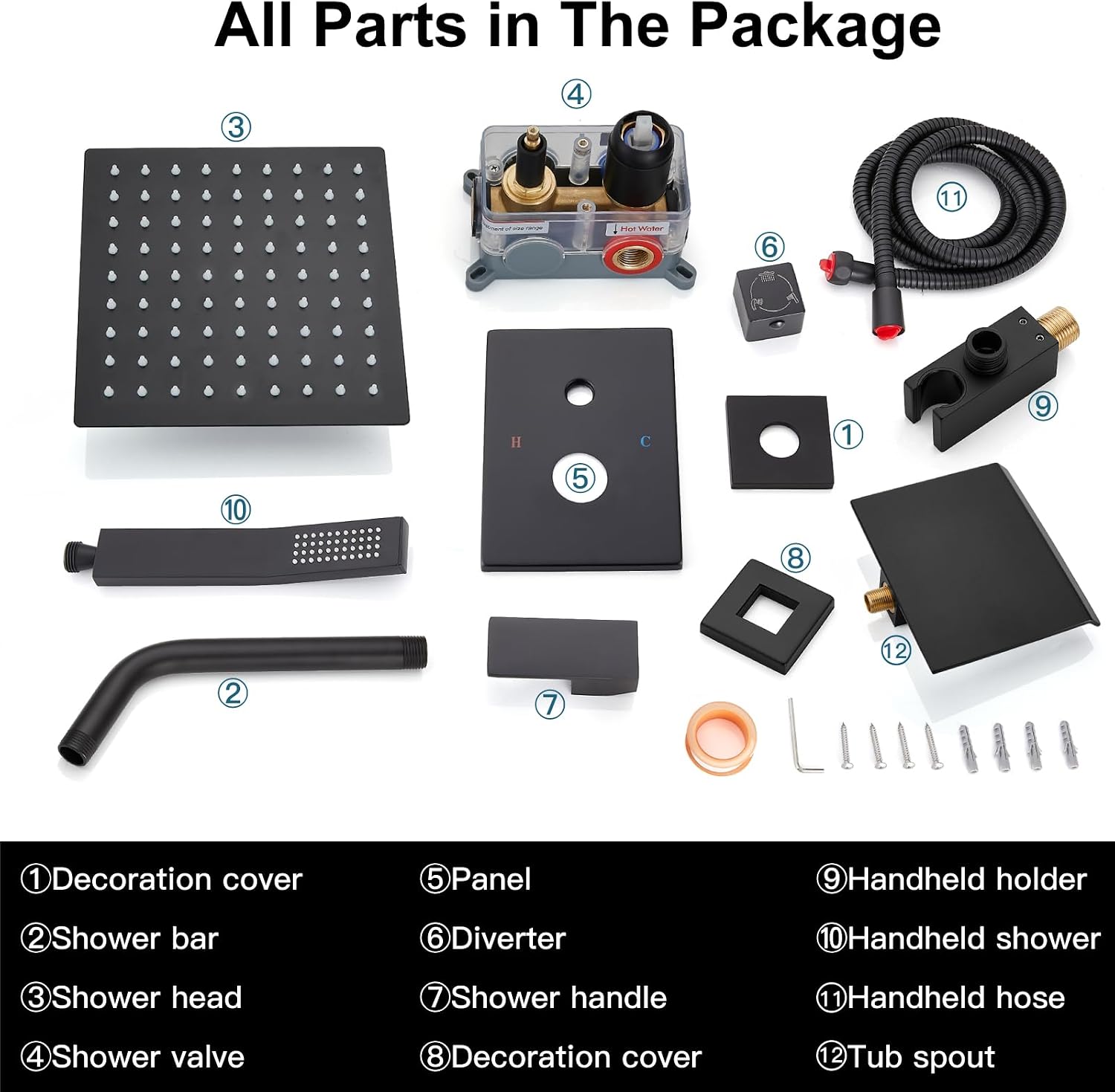 Midanya Shower System with Tub Spout,Bathtub Shower Faucet Set with Square Rainfall Head and Handheld Sprayer Wall Mount Tub Faucet Set with Valve and Trim Kit,8 Inch Matte Black