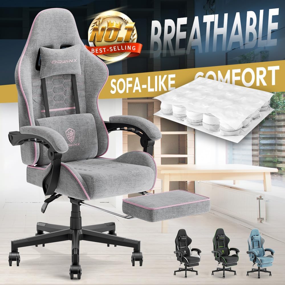 Dowinx 5TE8 Gaming Chair Fabric with Pocket Spring Cushion, Massage Game Chair Cloth with Headrest, Ergonomic Computer Chair with Footrest 290LBS