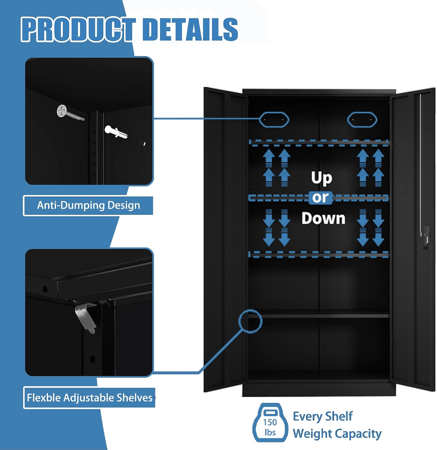 Black Metal Storage Cabinet 71' Hx36 Wx18 D Garage Tool Storage Cabinet with Doors and Shelves,Steel Lockable File Cabinet for Home Office,Basement,Warehouse,Assembly Required