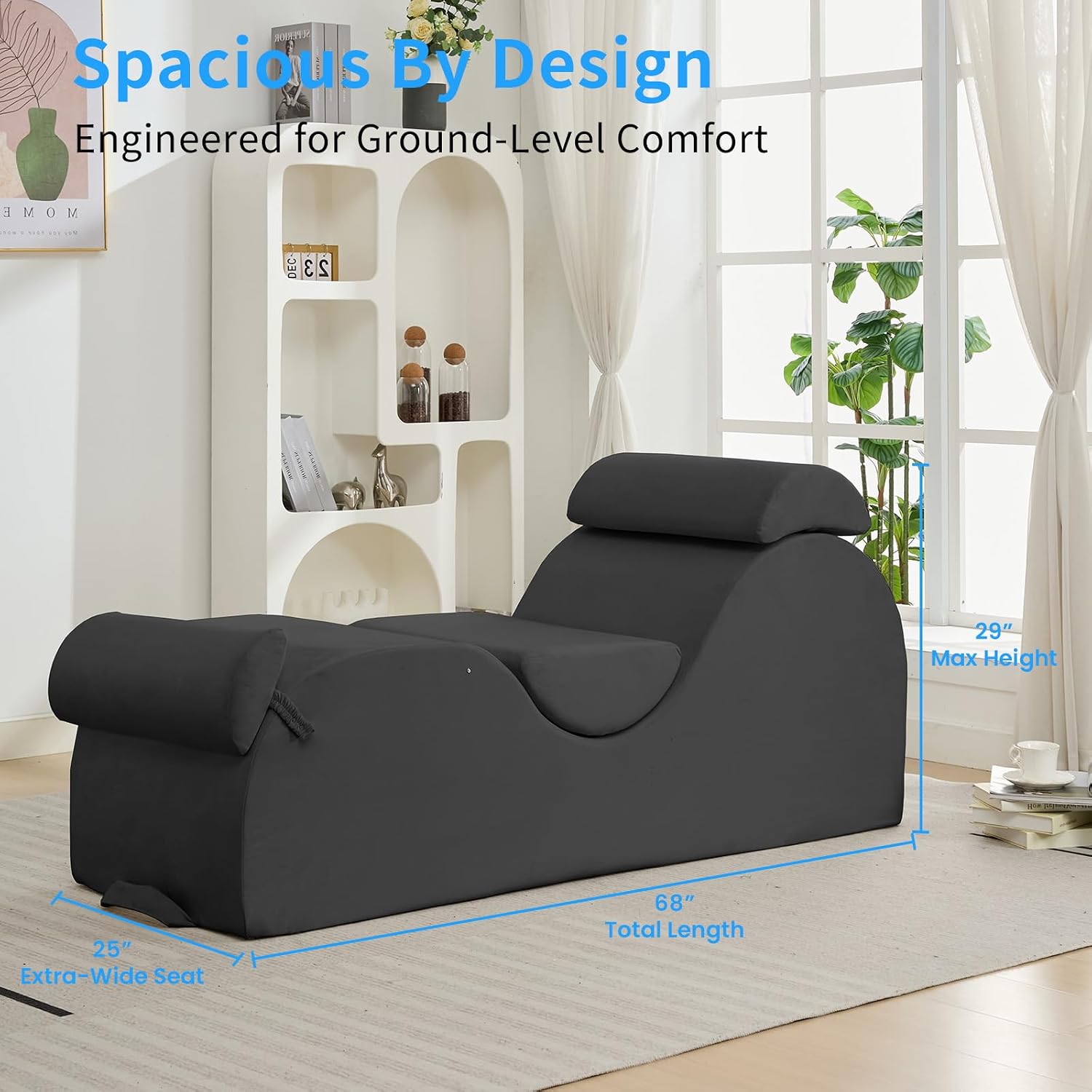 ijuicy 25 Inch Yoga Stretch Chair, Velvet Household Fitness Training Chair, Indoor Relaxation Recliner with Headrest & Adjustable Footrest, Dark Grey