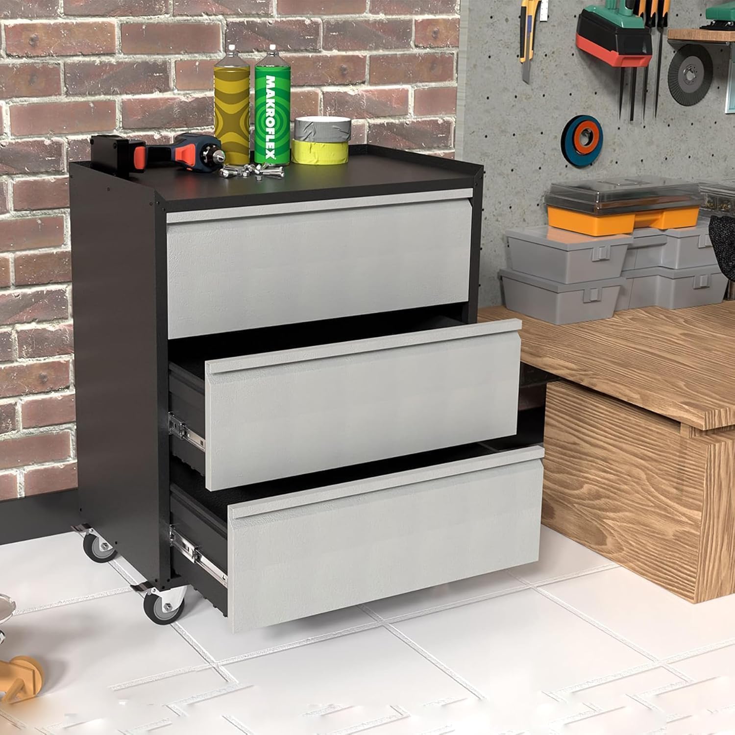 Metal Storage Cabinet with 3 Drawers on Wheels, 35.4' H Workbench Mobile Tool Chests Garage Cabinets for Garage, Workshop, Home, Office, Shop, Warehouse, Black+Grey