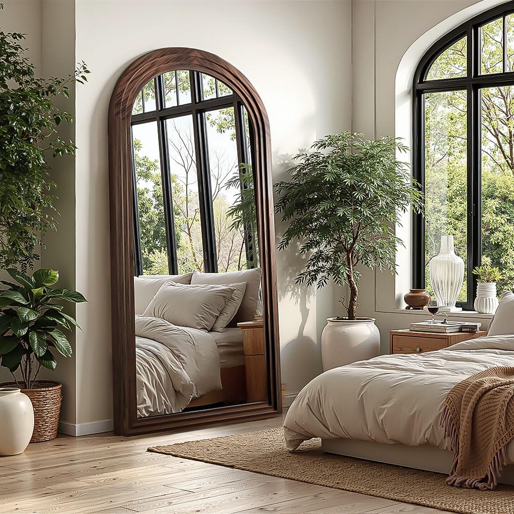Delma Arched Full Length Floor Mirror with Stand, 55x24 Rustic Farmhouse Solid Wood Frame Wall Mirror for Bedroom, Living Room, Vertical Hanging & Standing(Brown)