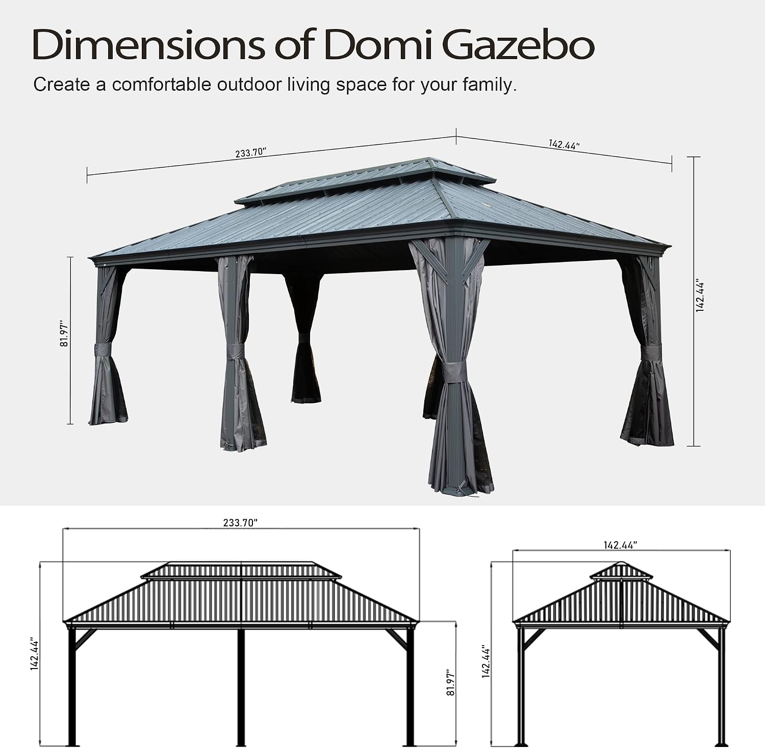 Domi 12x20FT Outdoor Gazebo, Hardtop Gazebo with Galvanized Steel Double Roof, Metal Gazebos with Drainage System Patio Pergola for Patio Deck Backyard,Curtain and Netting,Gray