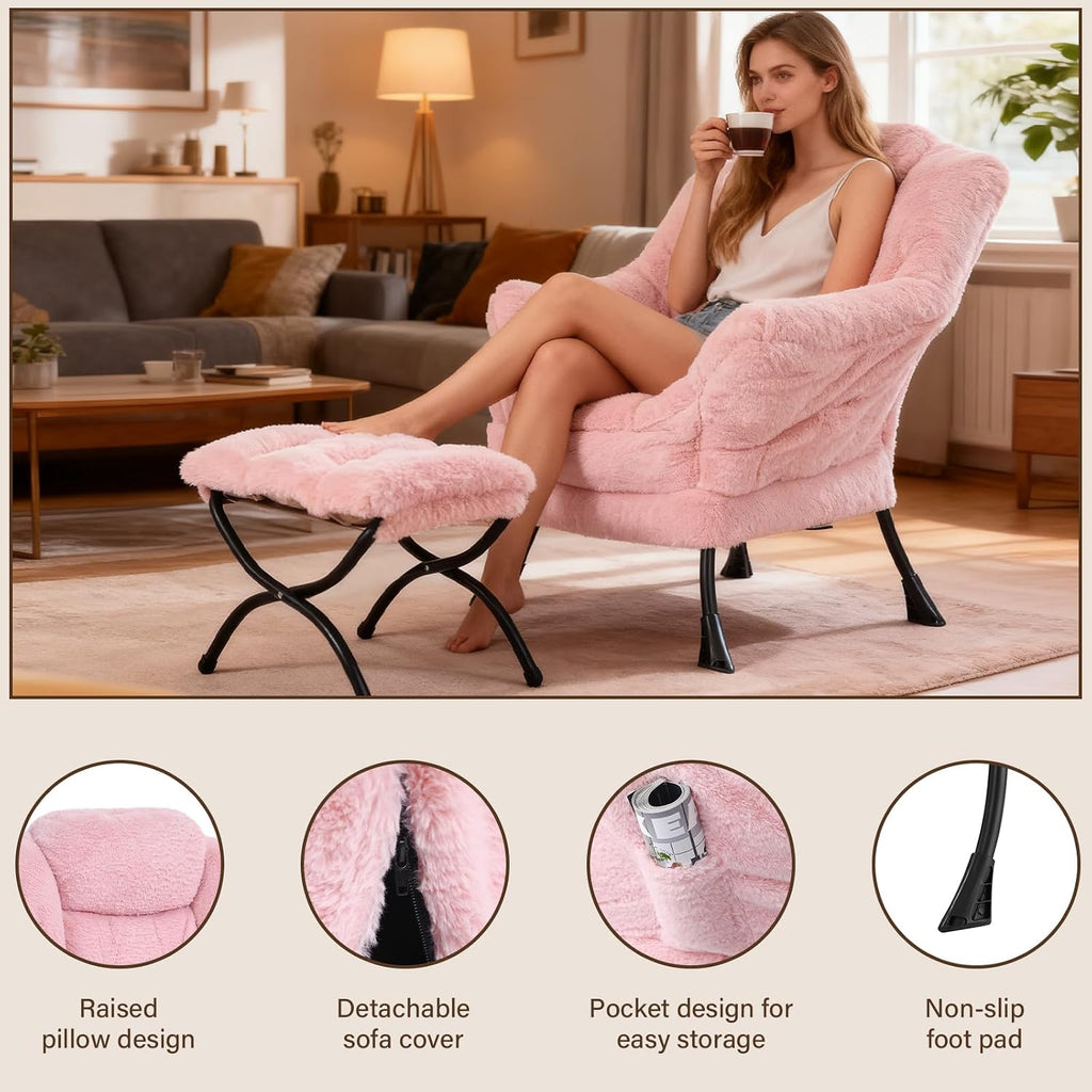 Welnow Lazy Chair with Ottoman, Modern Accent Chair with Armrests and a Side Pocket, Leisure Sofa Armchair Set, Reading Armchair with Footrest for Small Space, Plush Pink