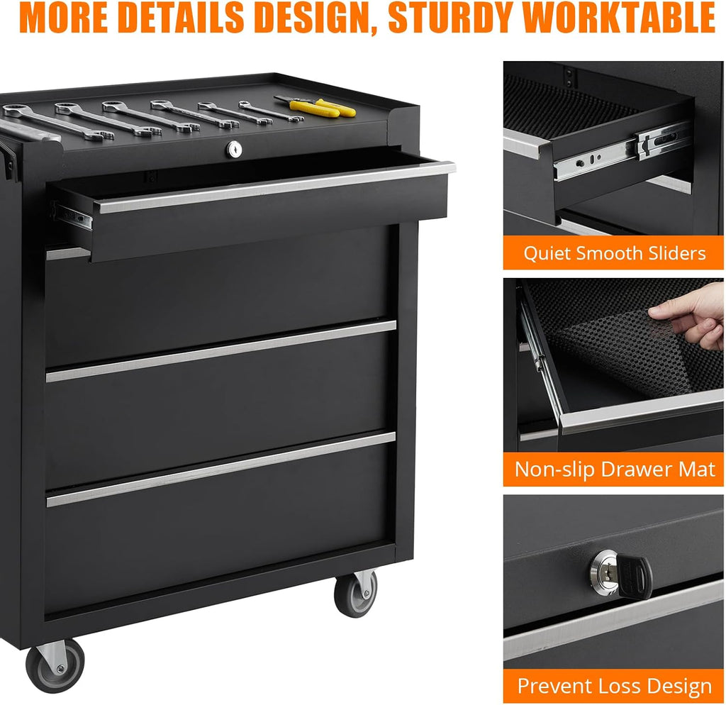 4 Compartment Tool Box 4 Compartment Tool Cart with Drawers Mobile Tool Cabinet with Key Lock and Drawer Liner Black 4 Compartment Drawer for Garages, Warehouses, Workshops and Repair Shops