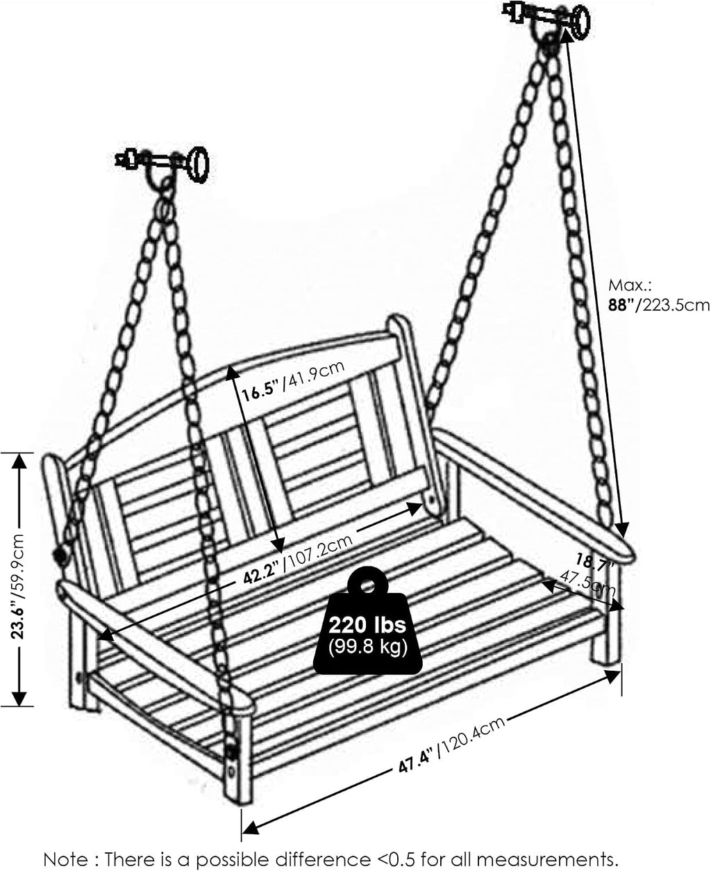 Furinno TIOMAN Porch Swing, 2-Seater Outdoor Hanging Wooden Swing with Chain in Teak Oil, for Patio, Garden, Porch, Light Wood