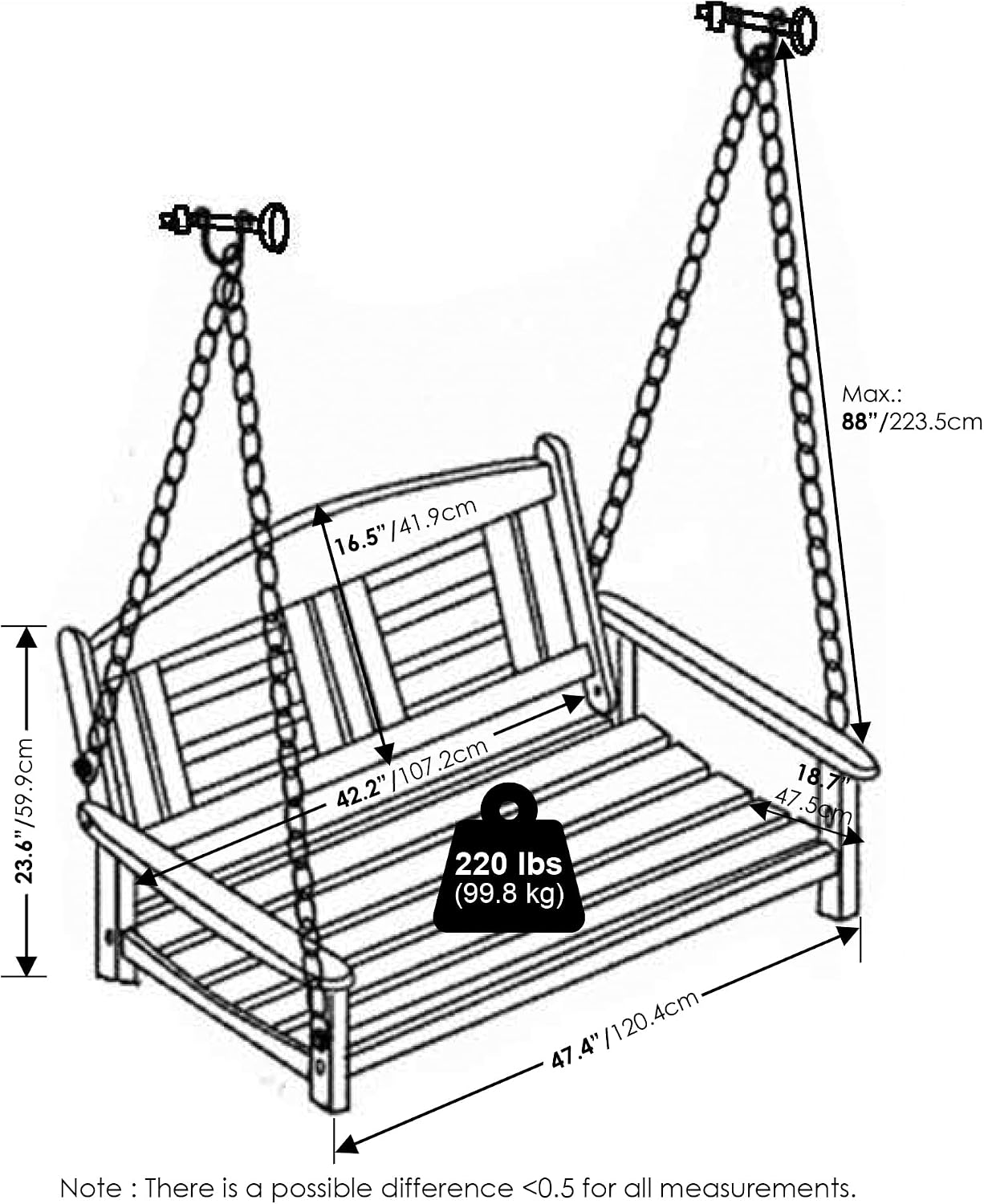 Furinno TIOMAN Porch Swing, 2-Seater Outdoor Hanging Wooden Swing with Chain in Teak Oil, for Patio, Garden, Porch, Light Wood