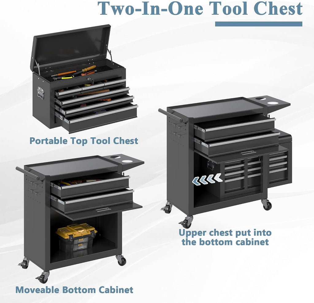 Tool Chest, 8 Drawers Rolling Tool Chest with Wheels, Removable Cabinet Storage Tool Box with Hooks and Liners,Universal Lockable Wheels, Metal Tool Storage Cart, Tool Box for Garage, Workshop
