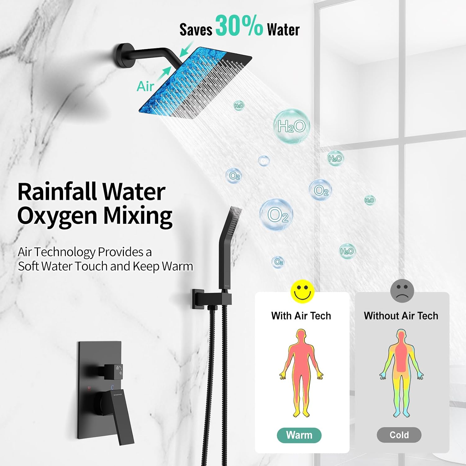SR SUN RISE Shower Faucet - 8 Inch Shower System with Rain Shower Head and Handheld Spray - Shower Faucet Trim Repair Kits with Diverter Valve - All Metal Shower Set - Matte Black