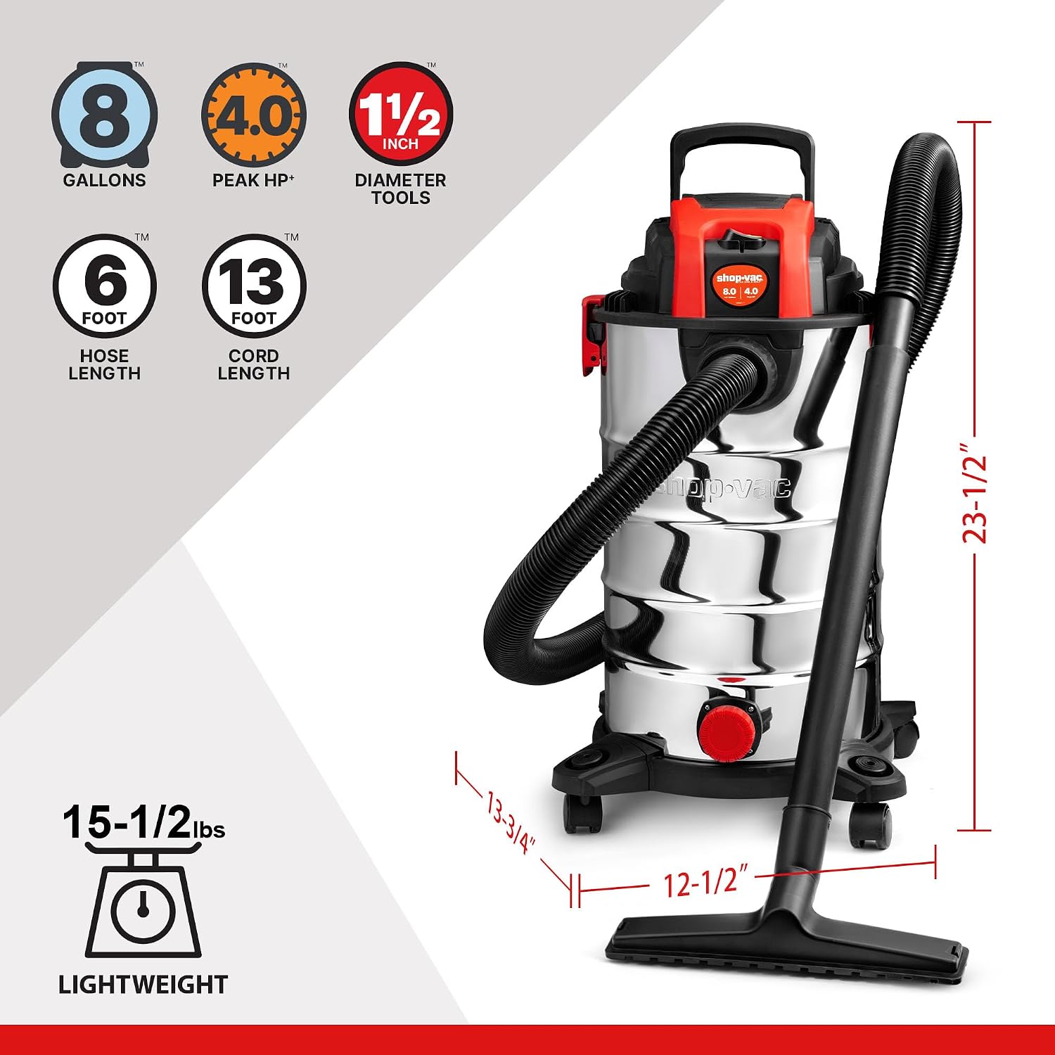 Shop-Vac 8 Gallon 4.0 HP Wet/Dry Vacuum with Blower Function, Stainless Steel Tank, Portable Shop Vacuum with Wheels, Includes Filters, Hose & Accessories, Ideal for Garage and Workshop