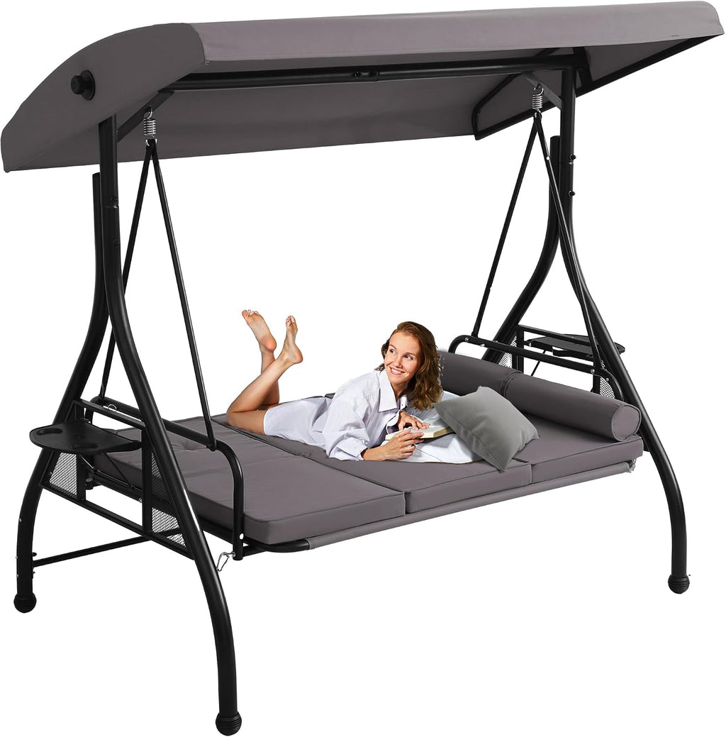 MAGIC UNION 3-Seat Outdoor Patio Swing with Stand, 3 in 1 Porch Swings with Adjustable Canopy, Upgraded Pillows Cushions and Foldable Cup Holders for Backyard, Porch, Garden(Gray)