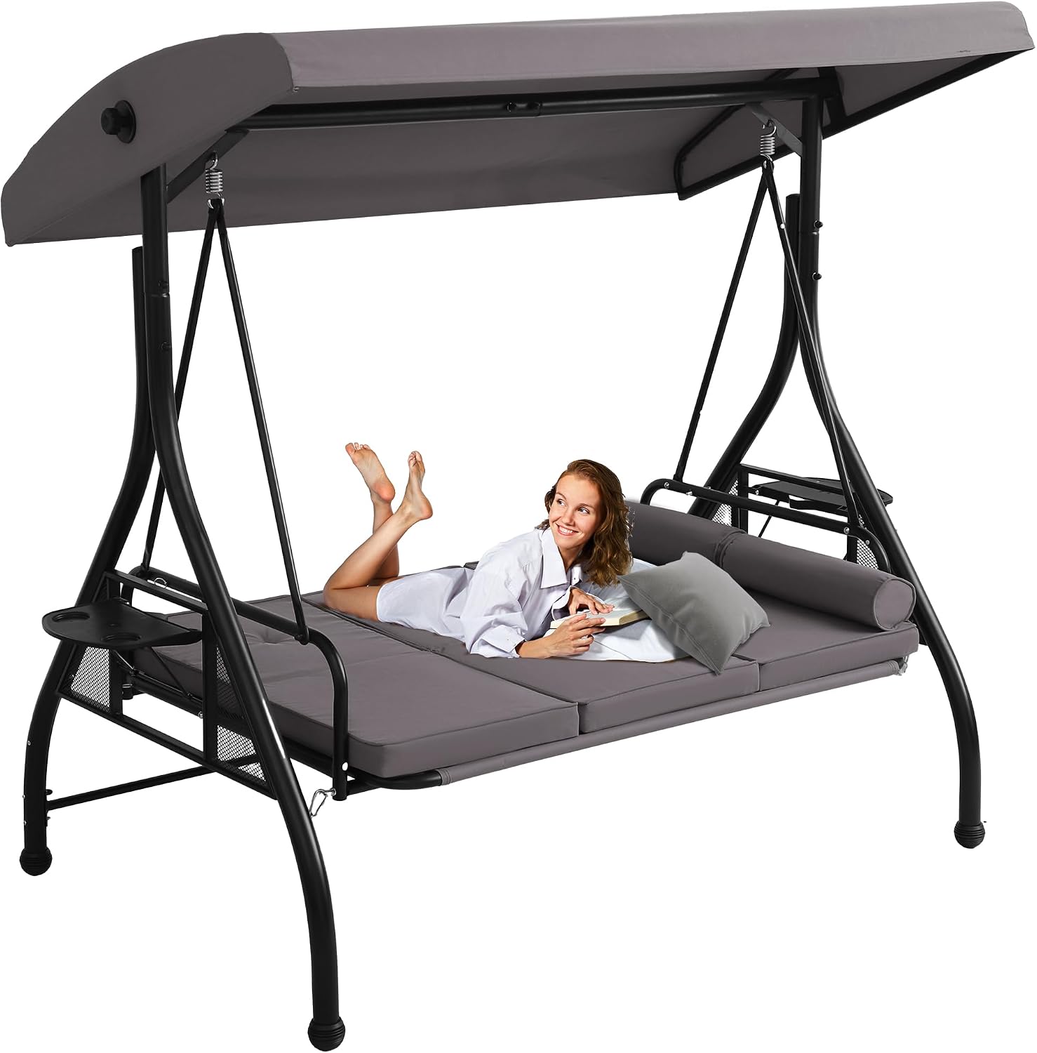 MAGIC UNION 3-Seat Outdoor Patio Swing with Stand, 3 in 1 Porch Swings with Adjustable Canopy, Upgraded Pillows Cushions and Foldable Cup Holders for Backyard, Porch, Garden(Gray)