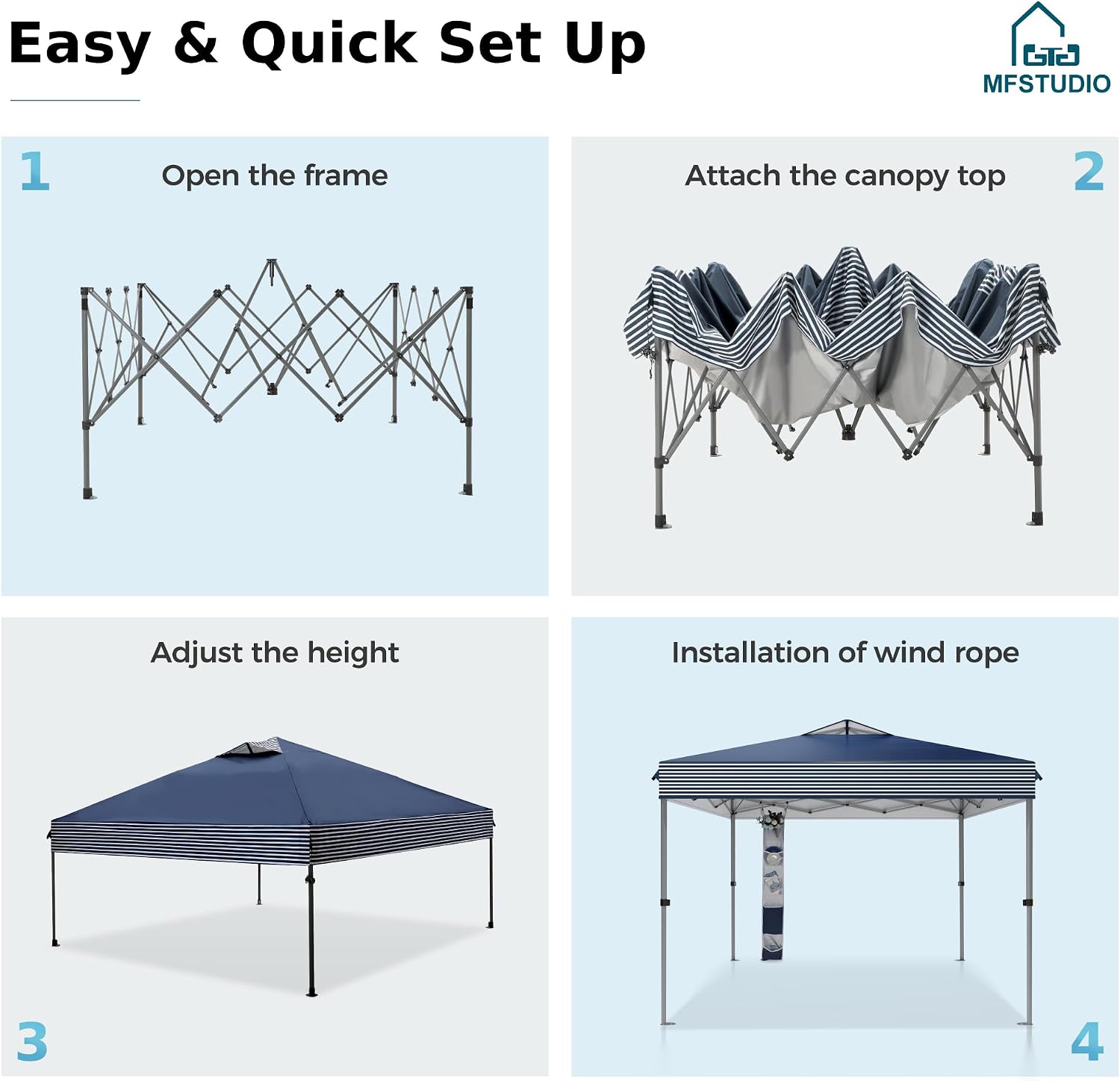 MFSTUDIO Pop Up Canopy Tent, 10x10 Outdoor Canopies One Person Push Set Up Tent Instant Portable Shelter Tents with Vented Top, Storage, 4 Sandbags, Beach Canopy,Blue Stripe
