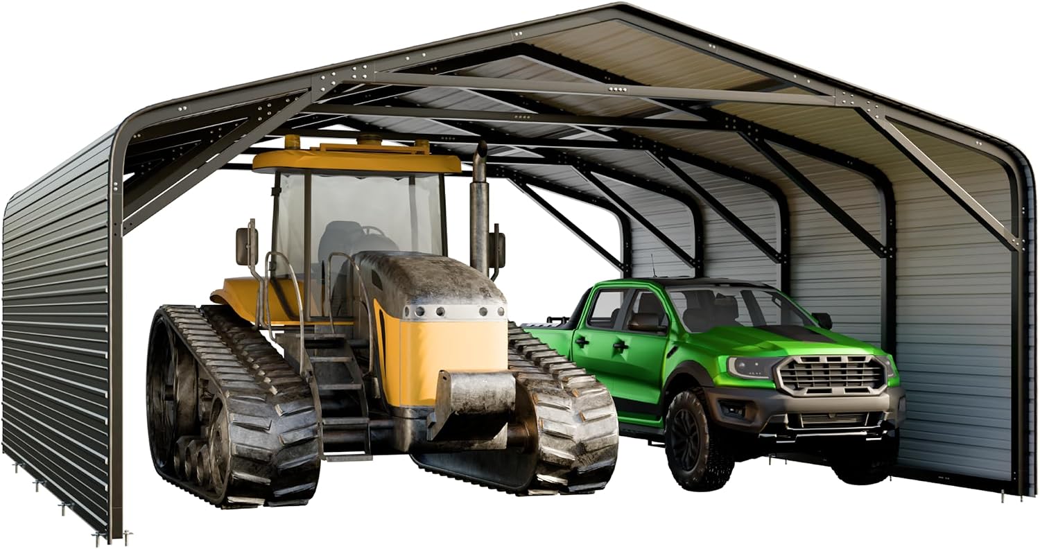20x20 FT Heavy Duty Metal Carport with 2-Sided Enclosure, 2-Car Garage with Galvanized Steel Roof and Reinforcement, 120lbs/Sq.Ft Snow/Wind Resistant, Ground Anchors, Fits Pickups, Trucks, RVs,Boats