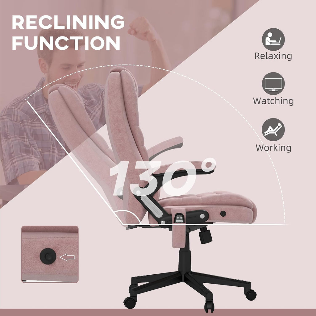 HOMCOM Executive Office Chair with 6 Points Vibration Massage and Heated Lumbar Support, Velvet High Back Computer Chair with Reclining Backrest, Tilt Function and Padded Armrests, Pink