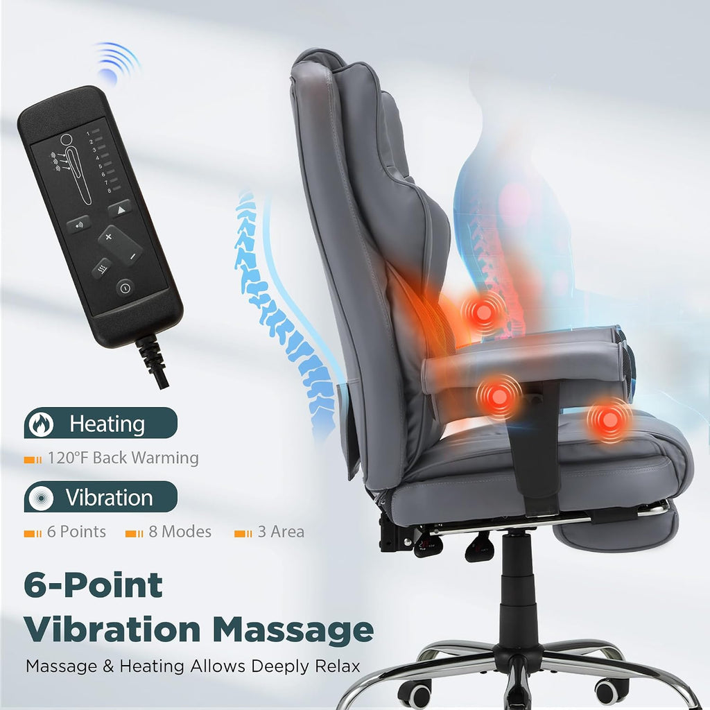HOMREST Grey Ergonomic Office Chair with 6-Point Vibration Massage & Heat – Reclining Executive Chair with Adjustable Footrest and Armrests, PU Leather Big and Tall Home Office Desk Chair