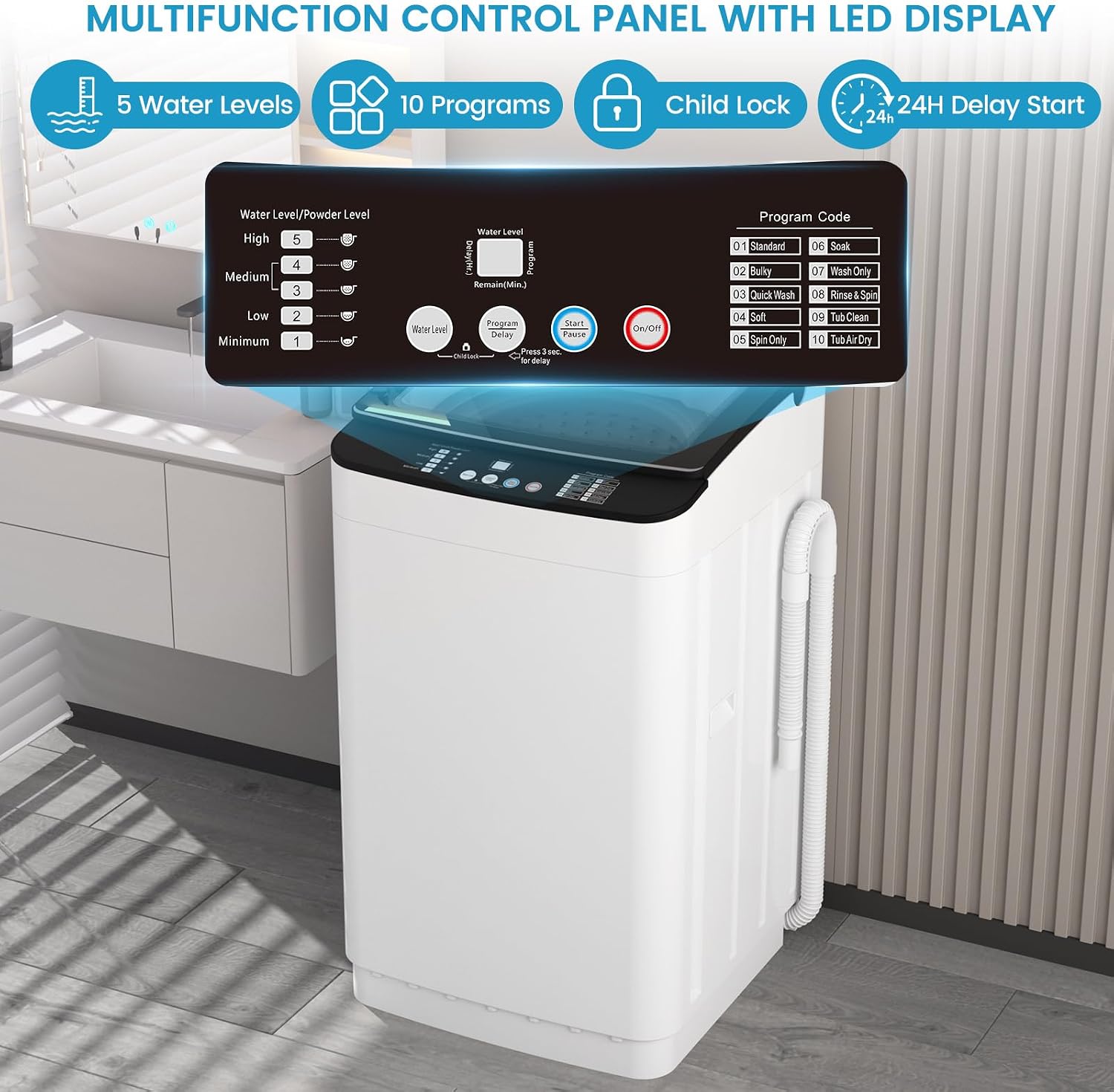 Zynkez 28lbs Portable Washing Machine, Fully Automatic Washing Machine with LED Display, 10 Wash Cycles, 26 Mins Quick Wash, 24H Delay Start, Large Washer and Spin Dryer Combo with Drain Pump for Home