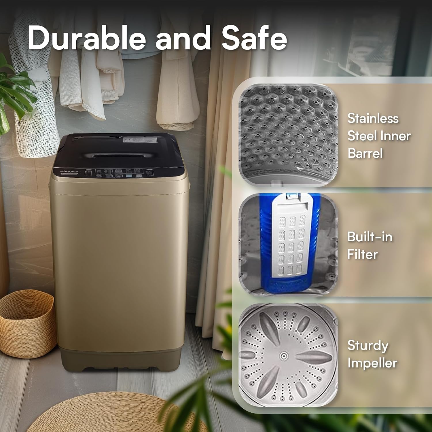 Anypro Washing Machines 17.8LBS Full Automatic Clothes Washer and Spinner Combo with 10 Programs and 8 Water Levels, Laundry Wash Spin Dryer for Apartment RV Dorm Home, Gold
