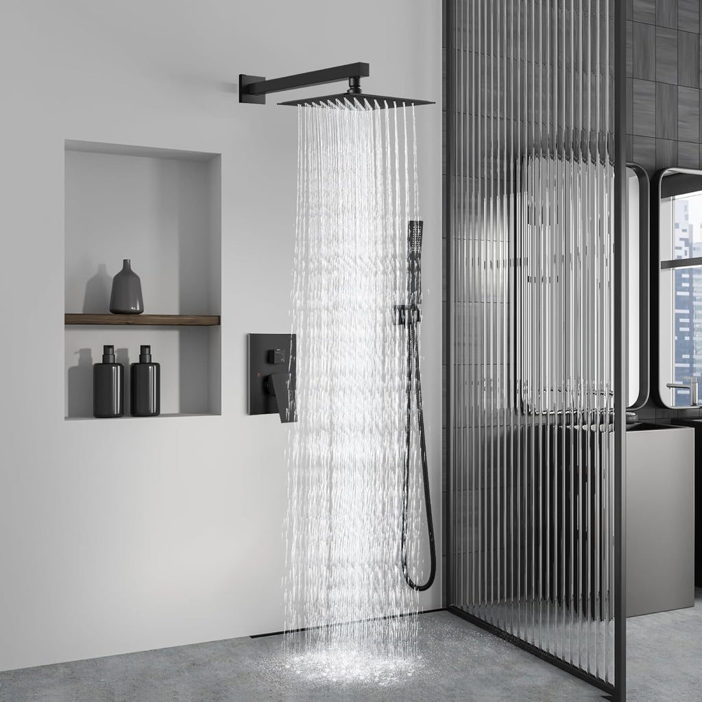 Aolemi Shower Faucet Set Rain Shower System with Handheld Spray Bathroom Shower Combo Rough-in Valve and Shower Trim Kit Included Matte Black 10 Inch Wall Mount Shower Head
