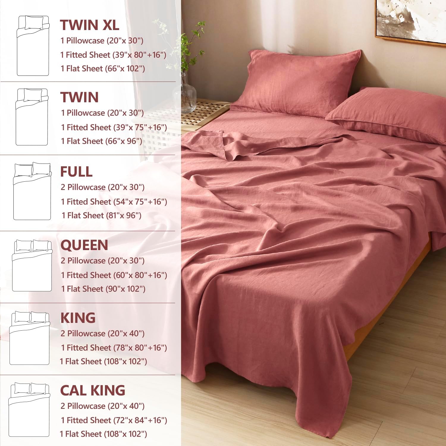 S VICTORY SYMBOL 100% Organic Linen Sheets Set King Size,Washed French Flax Bed Sheets 4Pcs(2 Pillowcases,1 Fitted Sheet,1 Flat Sheet) Breathable Soft,Clay